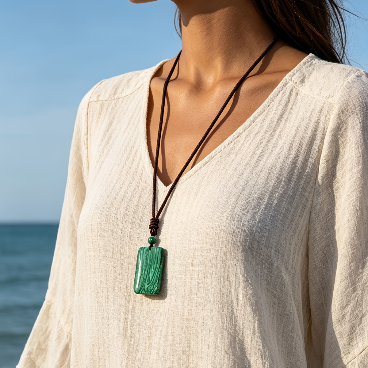 Malachite Square Pendant Long Necklace, Bohemian Style